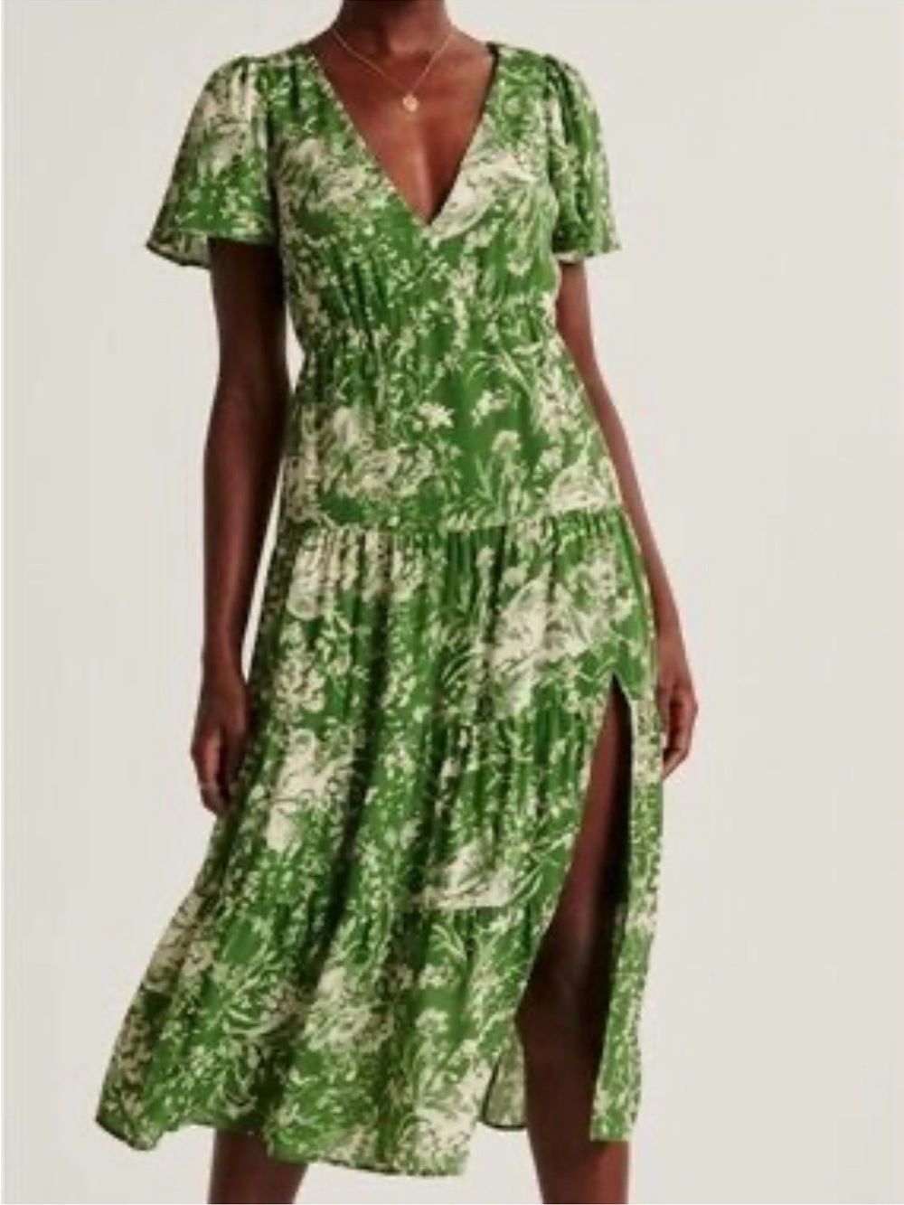 Abercrombie and Fitch Green Floral V-Neck Midi Dress Midi Chiffon Medium